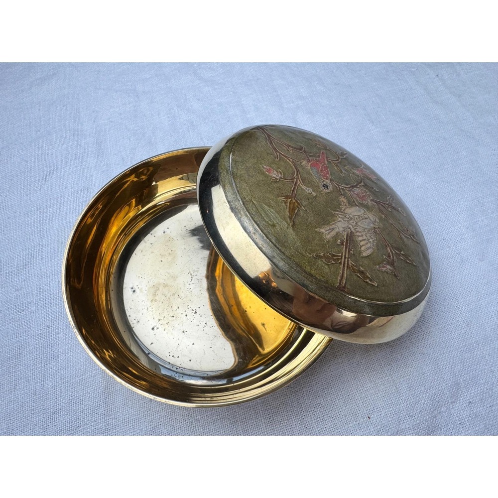 Vintage Brass Champleve Trinket Compact Bowl Bird Floral Enamel Lid Jewelry Box - Picture 10 of 11